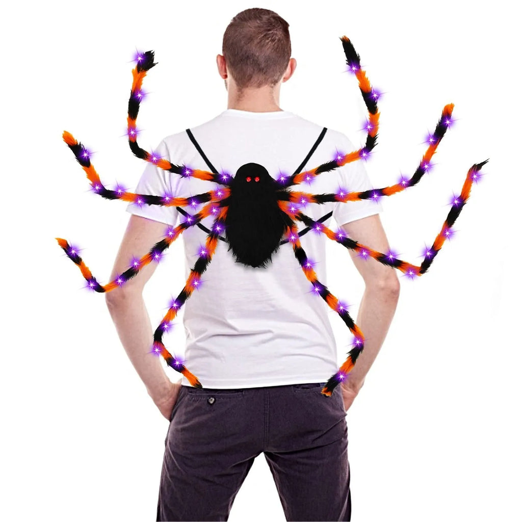 Halloween spider backpack with LED lights in orange purple glow colour showing backpack straps and spider design