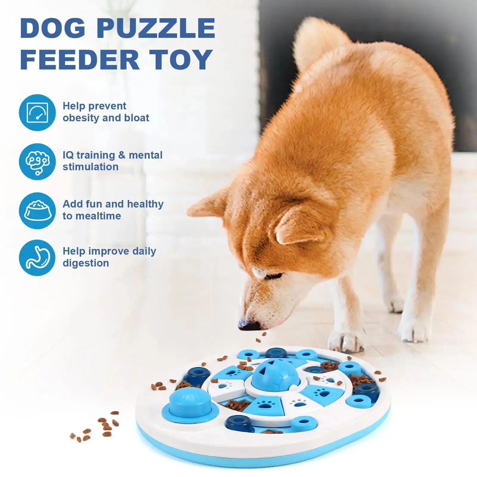 Dog puzzle toy with spherical bells and 24 hidden food compartments in blue and red colours on a light background