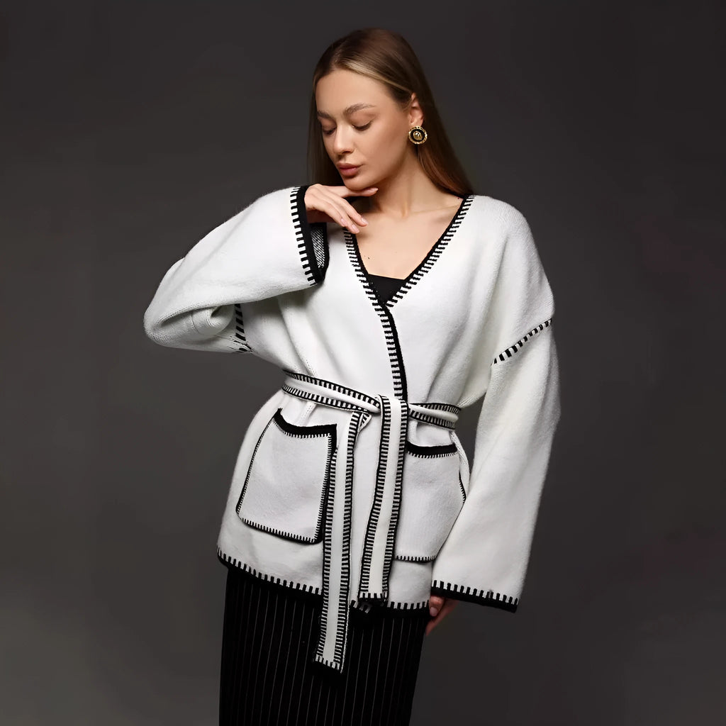 Lace-up front knitted cardigan sweater coat in imitation cashmere cotton fabric