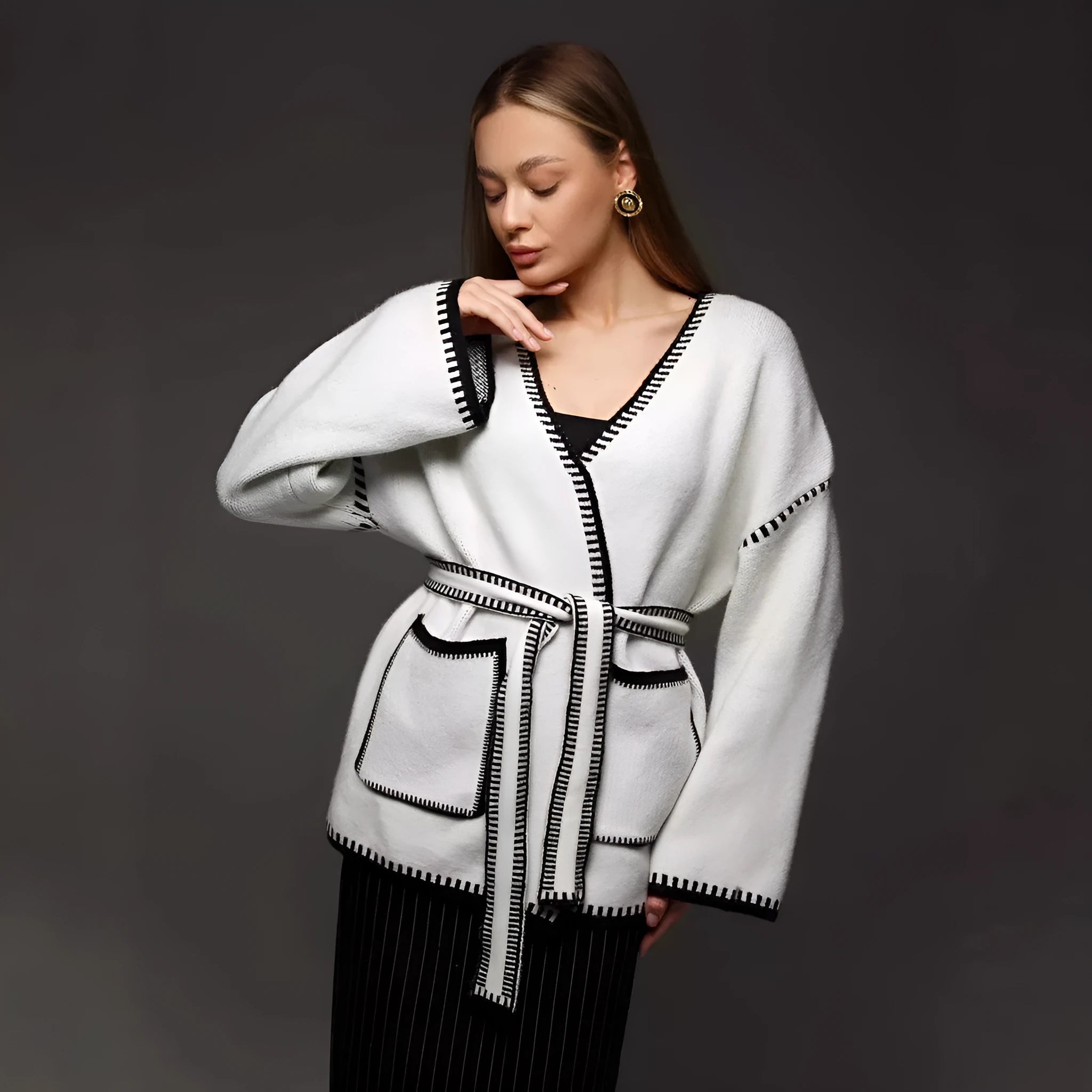 Lace-up front knitted cardigan sweater coat in imitation cashmere cotton fabric