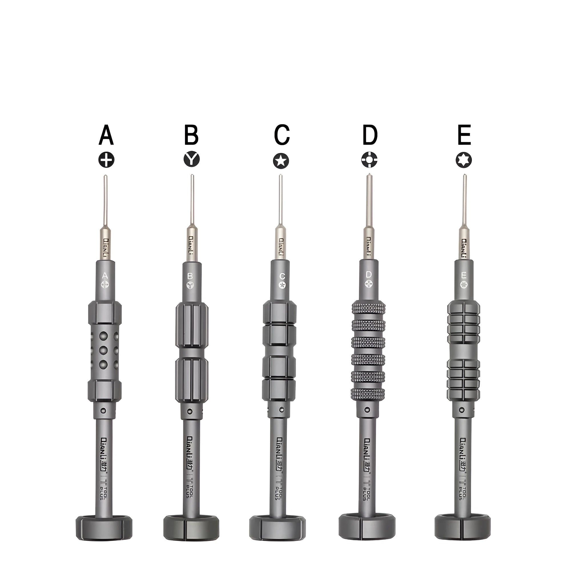 iPhone repair screwdriver tool with cross triangle T2 heads and grenade-shaped aluminium handle