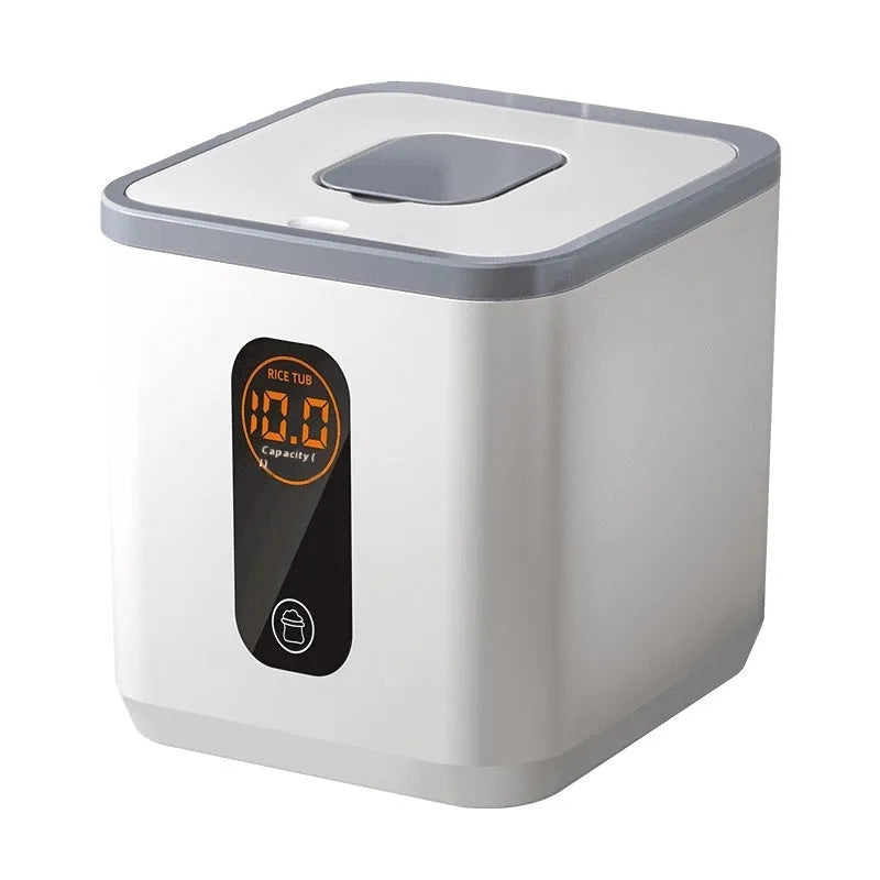 Grey plastic rice storage jar with sealed lid for moisture-proof and insect-proof food protection