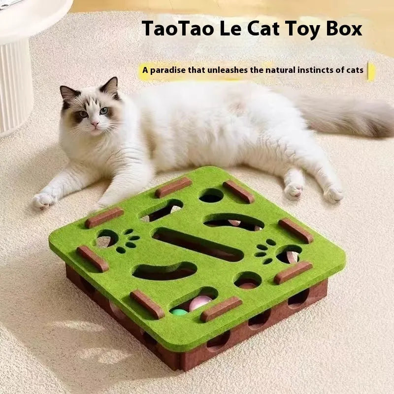 Felt box cat toy with multiple holes for paws, measuring 30x30x7.5 cm in green brown colour.
