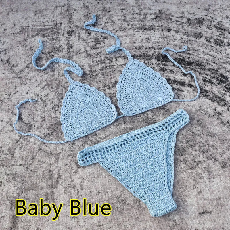 Women's 3-piece handmade crochet bikini beach skirt swimsuit set in solid colours