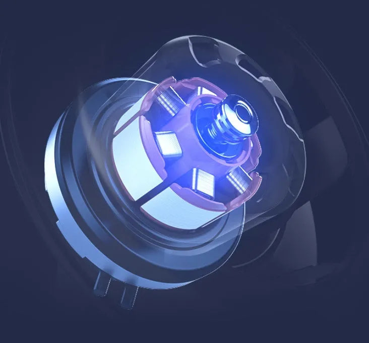 Blue USB foldable table fan with LED night light, pen holder, and four speed settings on a desk