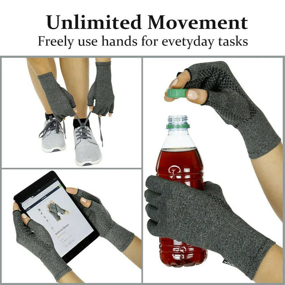 Gray half finger compression gloves with anti-slip surface for joint support