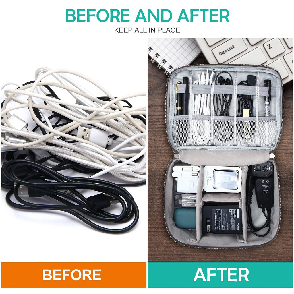 Black electronics organiser case open showing mesh pockets, elastic loops, and removable padded dividers for cable organisation