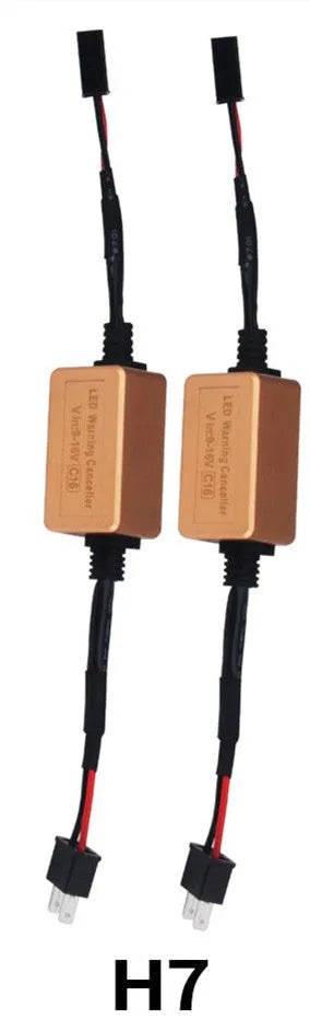 Black alloy Canbus decoder for H4 H7 H11 LED car headlights to fix flicker and error codes.
