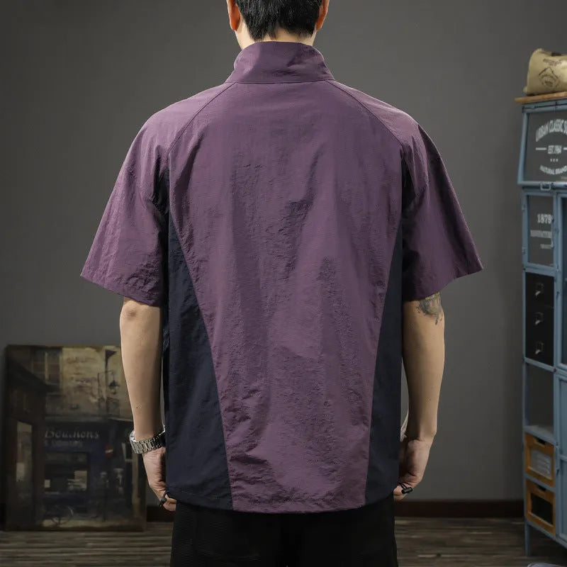 Men's brown half-zip stand collar business shirt with short sleeves and loose fit