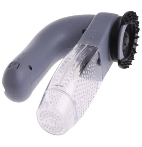Grey portable electric pet hair remover brush with soft rubber head for grooming dogs and cats.