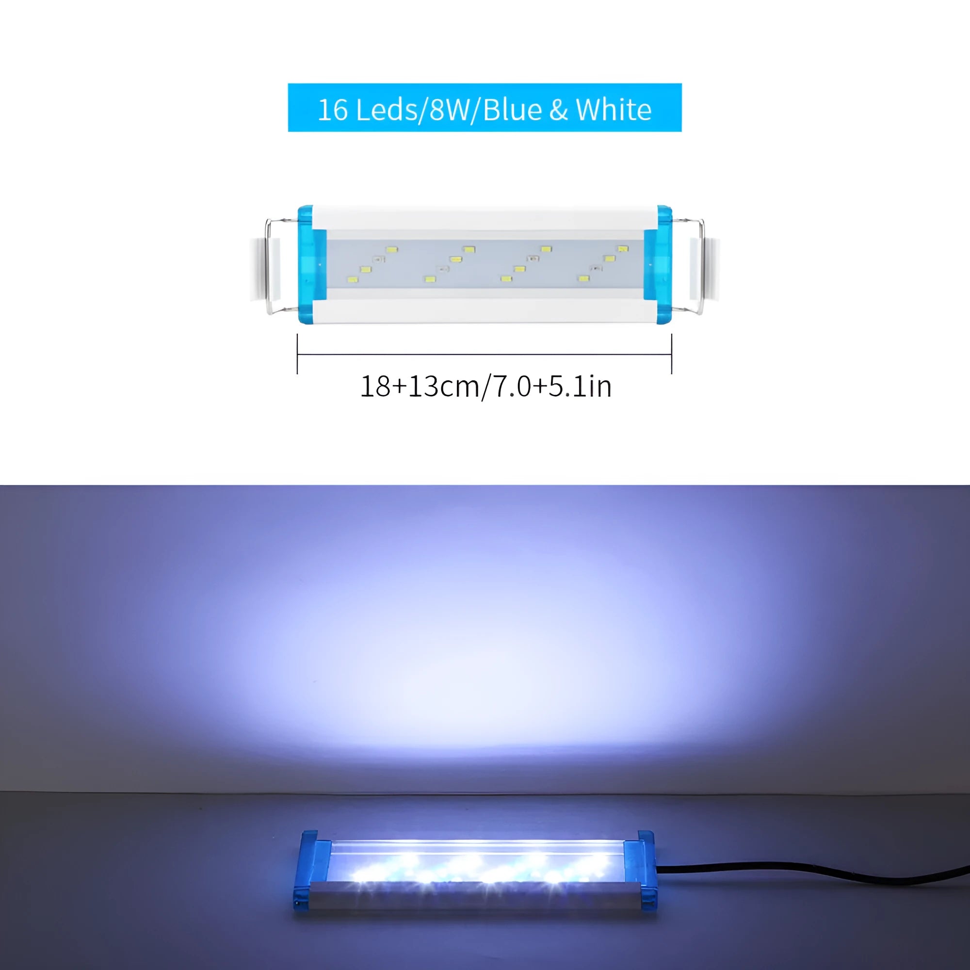 Ultra-thin LED aquarium light with blue and white illumination for fish tanks, available in sizes from 18cm to 58cm