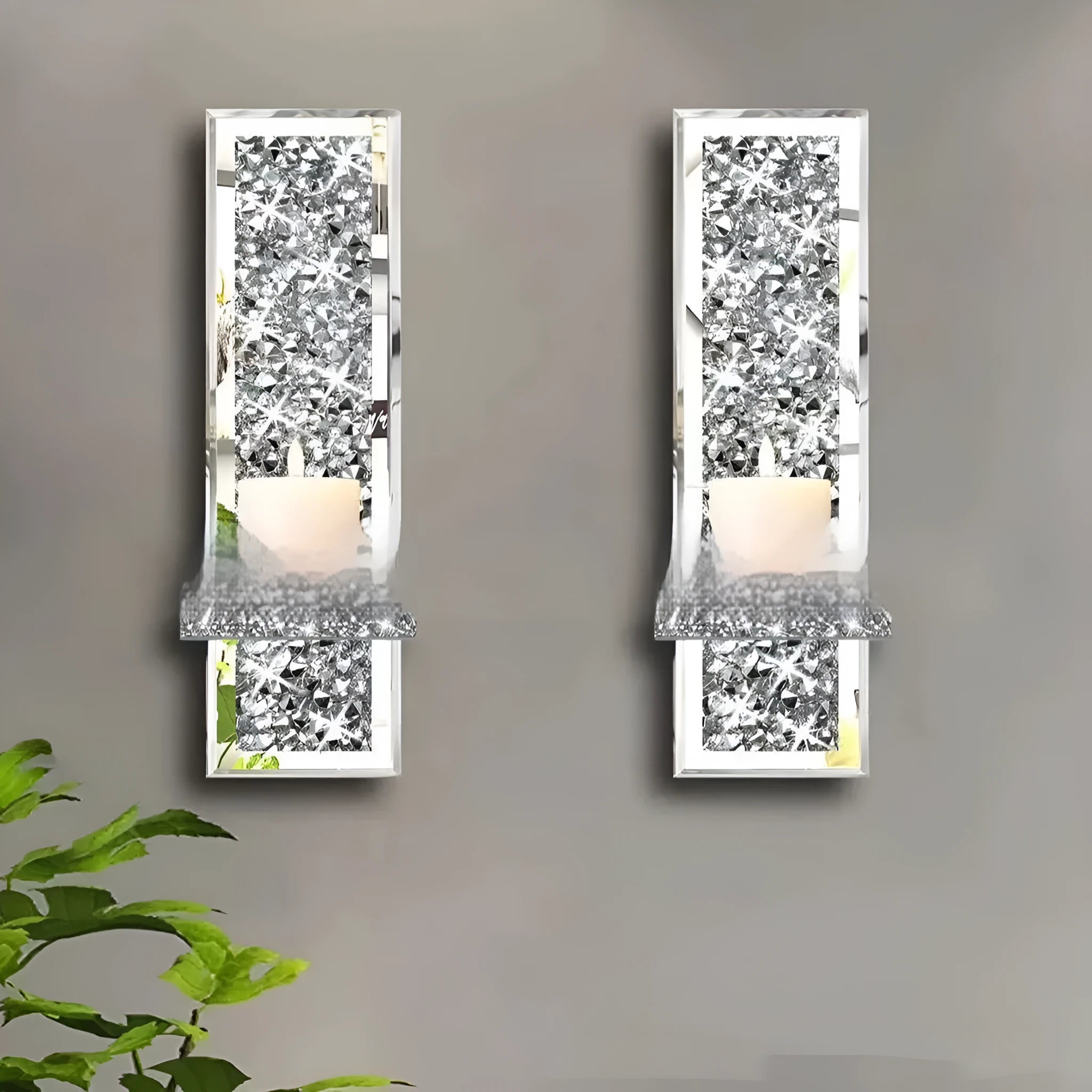 Pair of silver mirror glass candle holders wall mounted at 38cm height