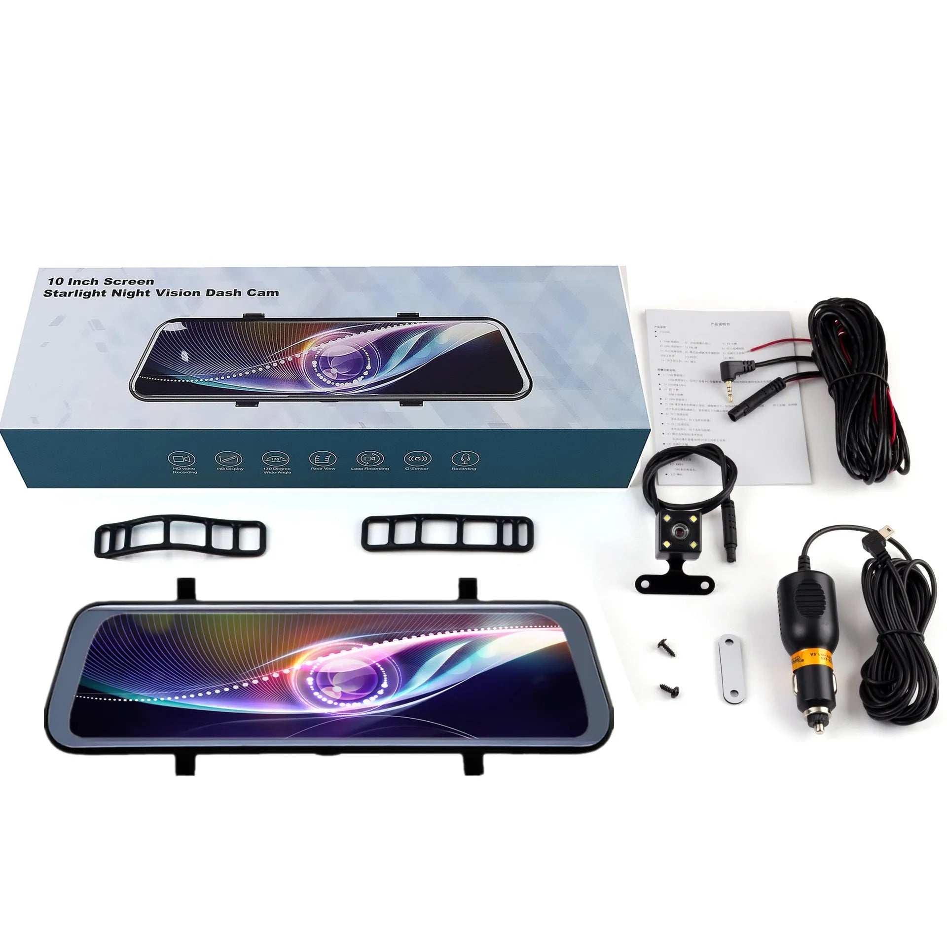 Black 10-inch rearview mirror driving recorder with touch screen and wide-angle lens