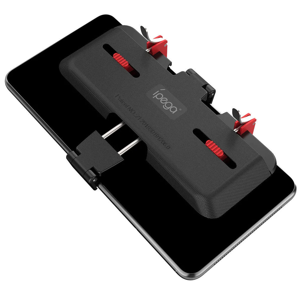 Black mobile gaming phone mount bracket with an extended metal trigger and telescopic clamping clip.