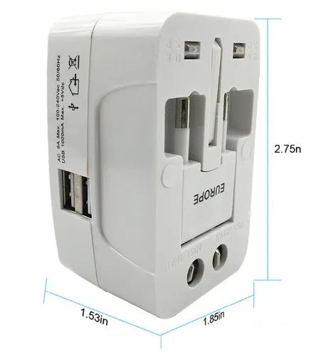 Compact white universal travel plug converter for global charging.