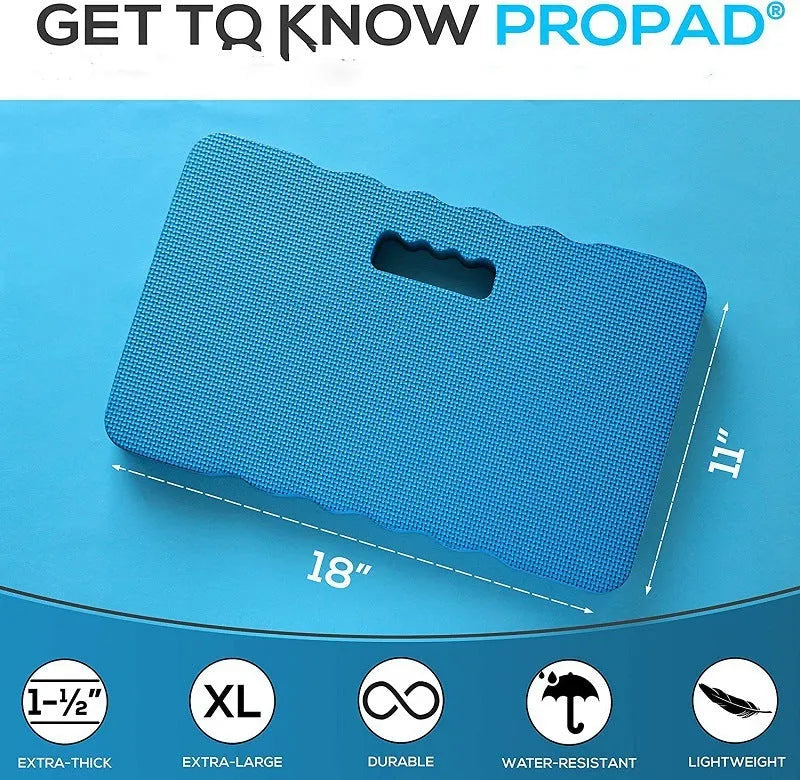Blue plastic garden kneeler pad on grass, showing its size and thickness for knee protection during gardening.
