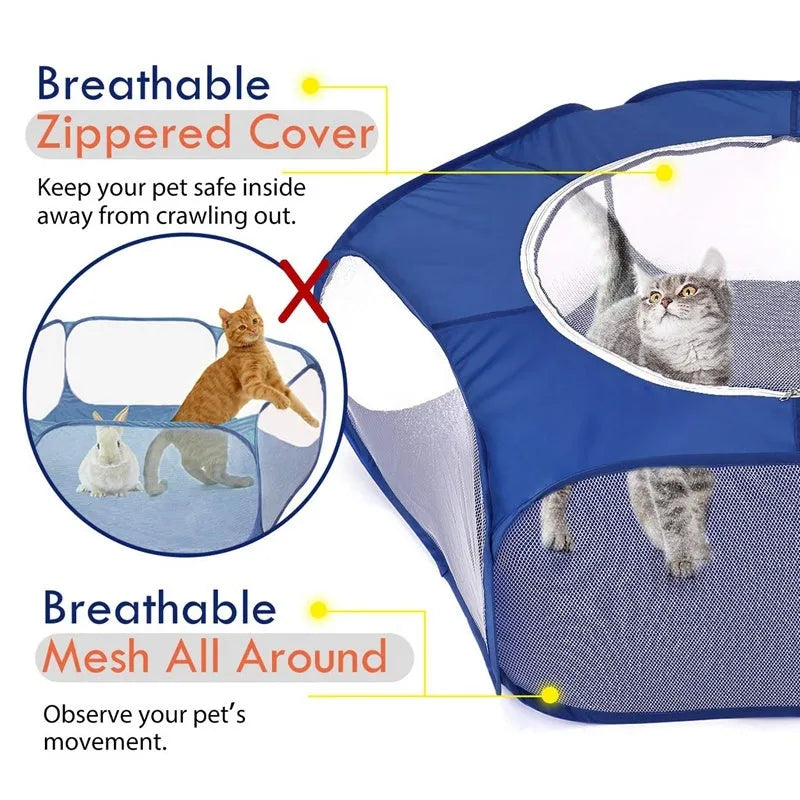 Folding pet fence 120x38 cm blue with breathable zipped cover and waterproof base