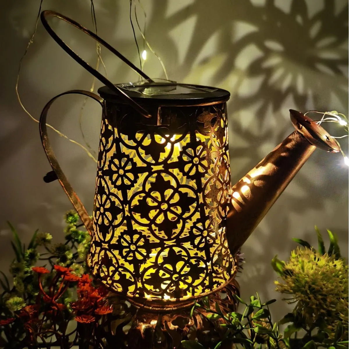 Solar kettle light in butterfly kettle colour, wrought iron, 210x100x140 mm, for outdoor courtyard use