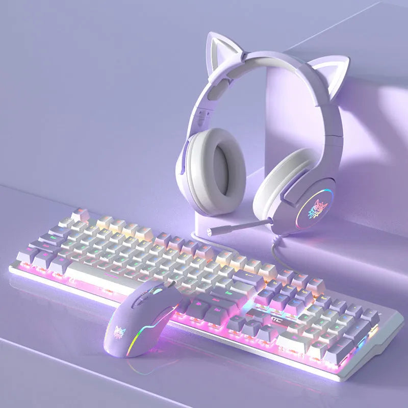 Purple and white mechanical keyboard and mouse wired combo set with backlight illumination
