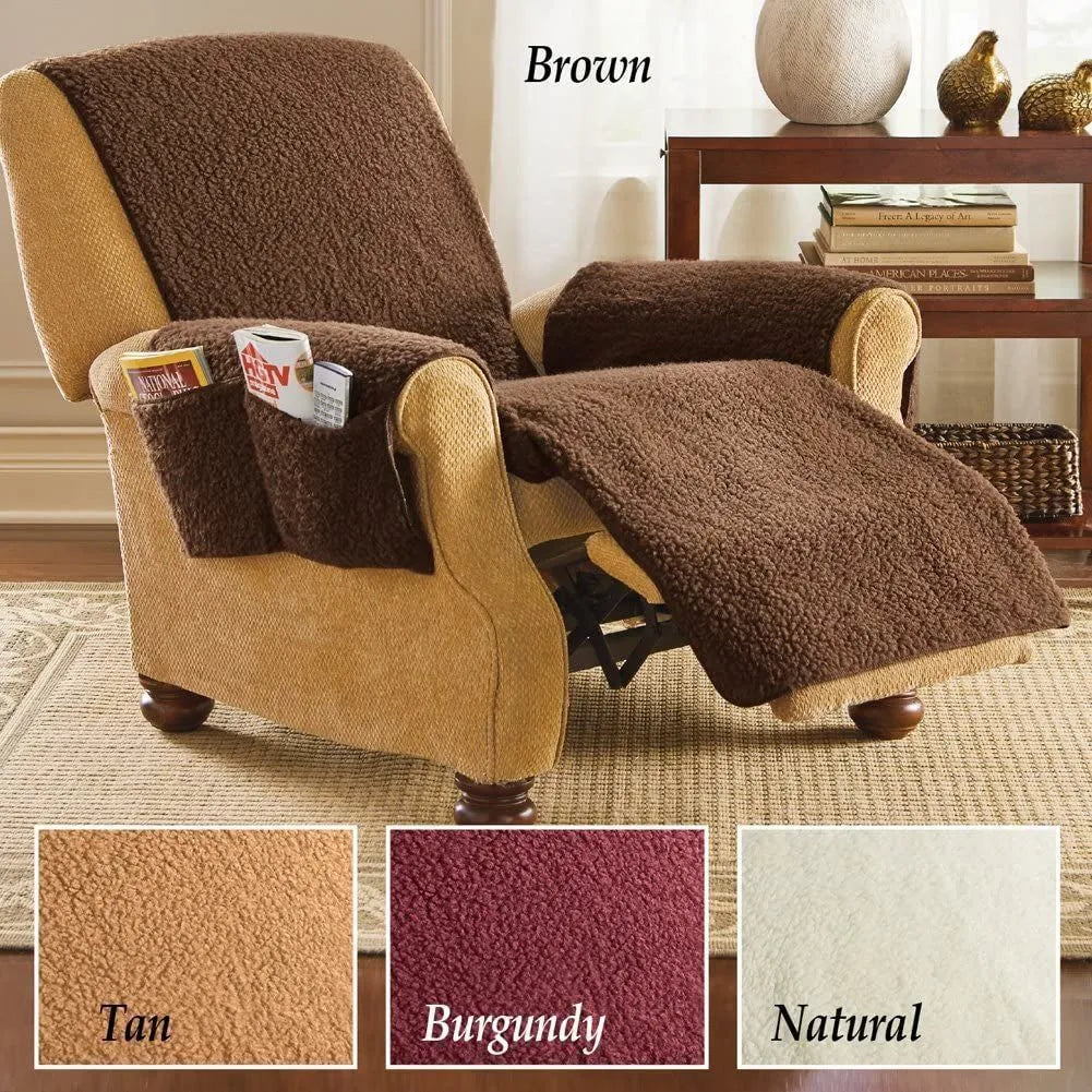 Lambswool textured sofa slipcover in beige colour on a sofa cushion.