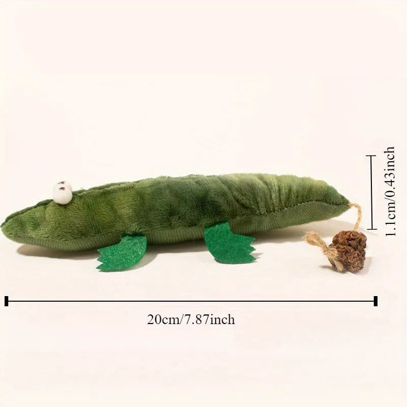 Green plush alligator catnip toy with textured scales and long tail for feline play