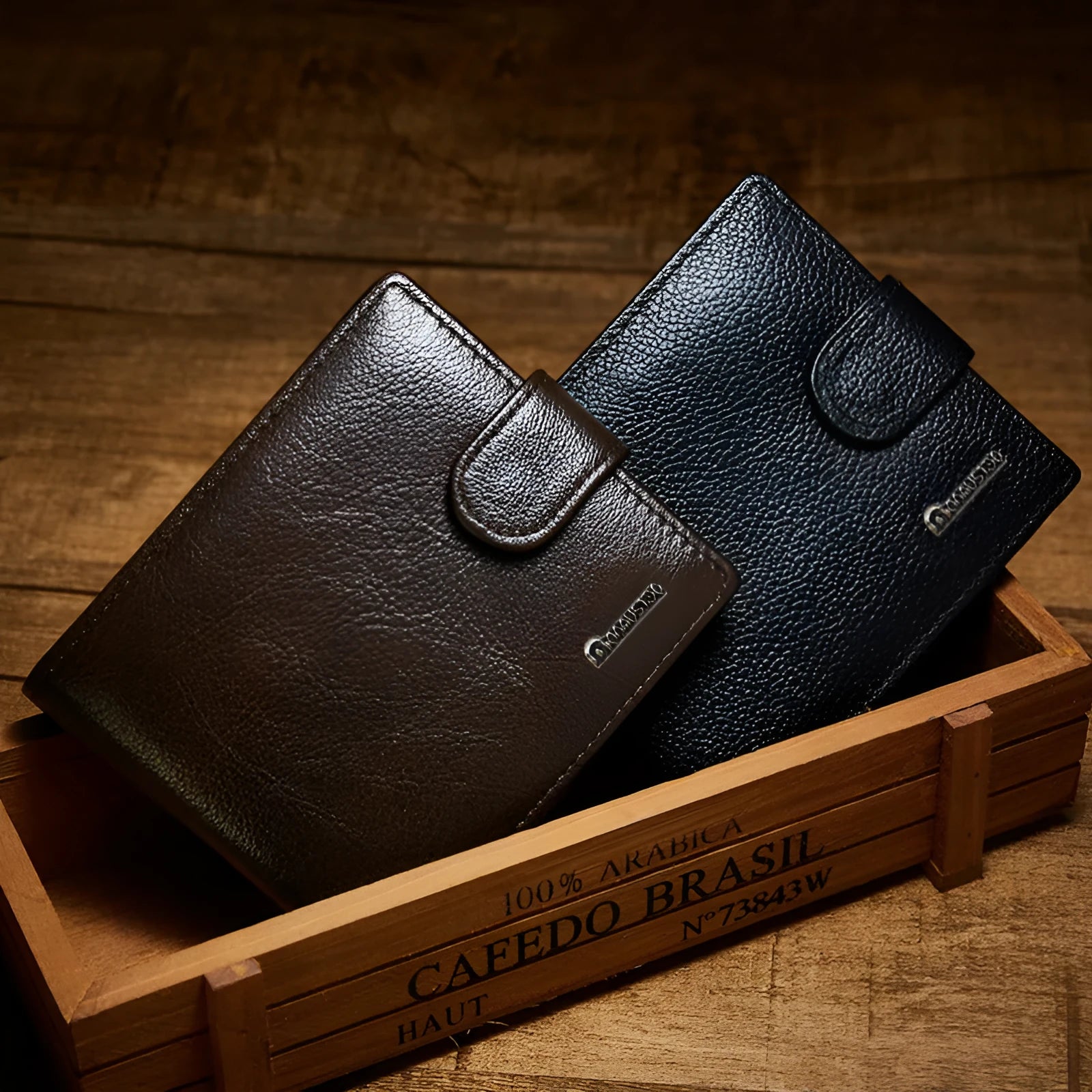 Black PU leather bifold wallet with buckle closure, showing card slots and zipper compartment