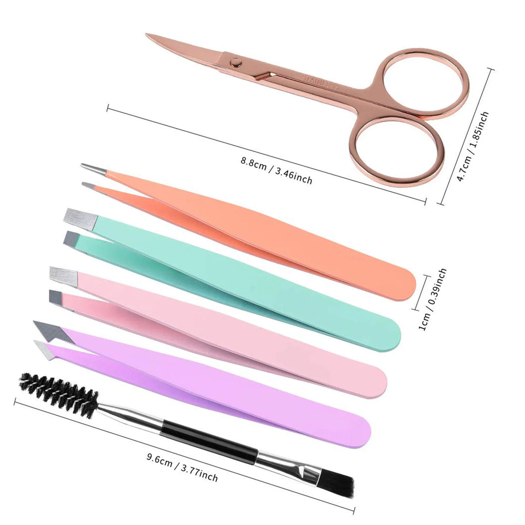 6-piece professional eyebrow tweezer set with stainless steel tools and leather case