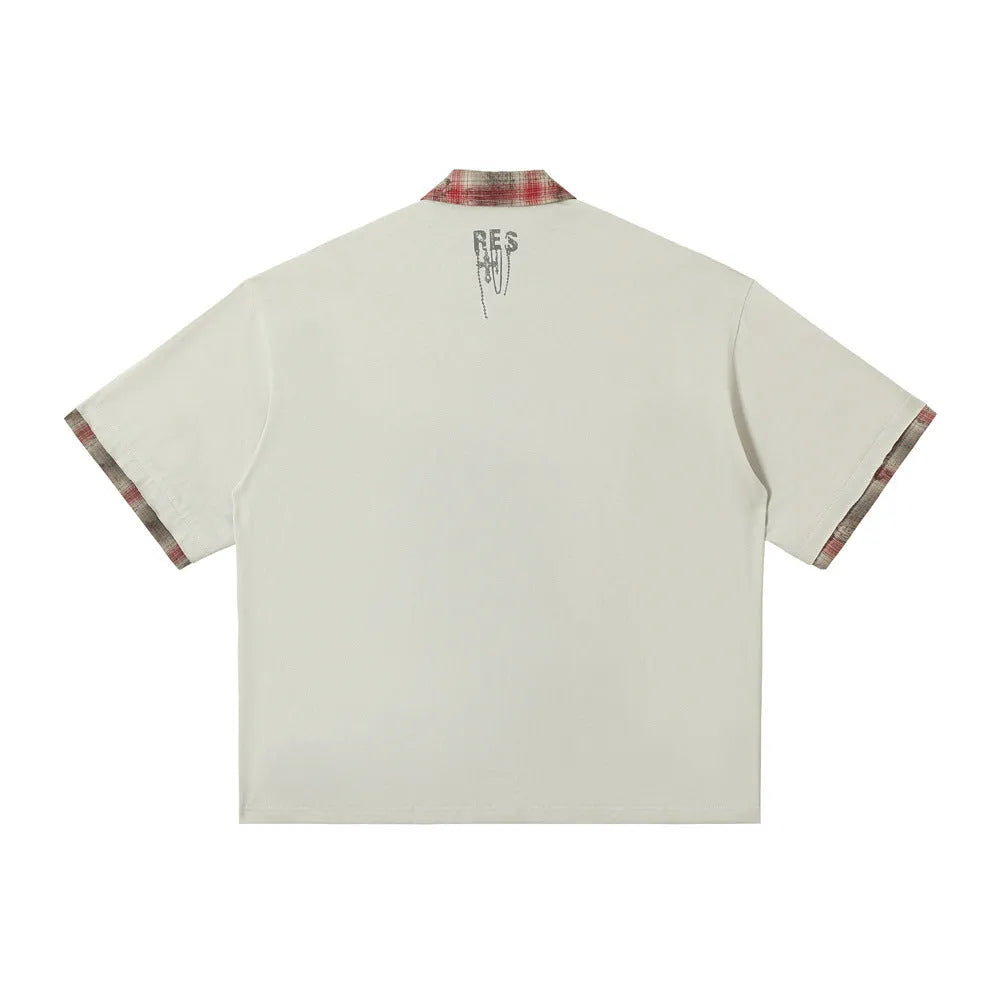 Men's loose fit cotton top with graffiti print and asymmetric lapel in blue or red