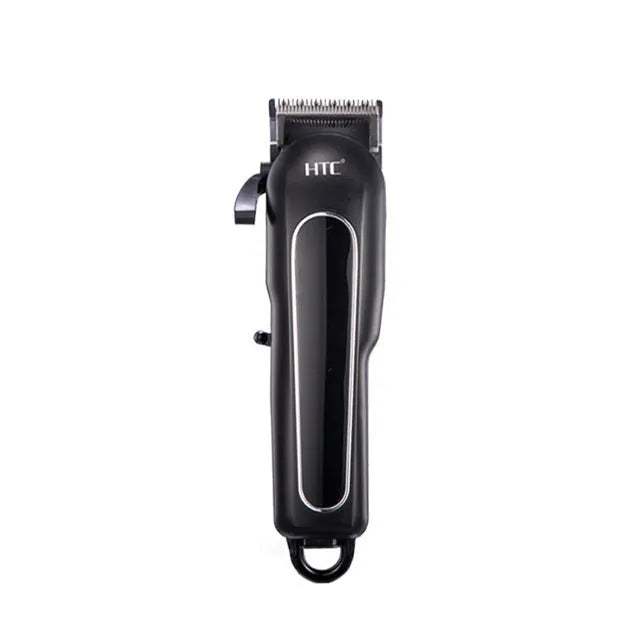 Black, red, and white digital hair clipper with brushless motor, four guide combs, charger, and cleaning tools.