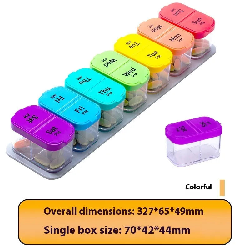 White and rainbow coloured Amazon extra large pill organiser with 14 removable compartments shown open.