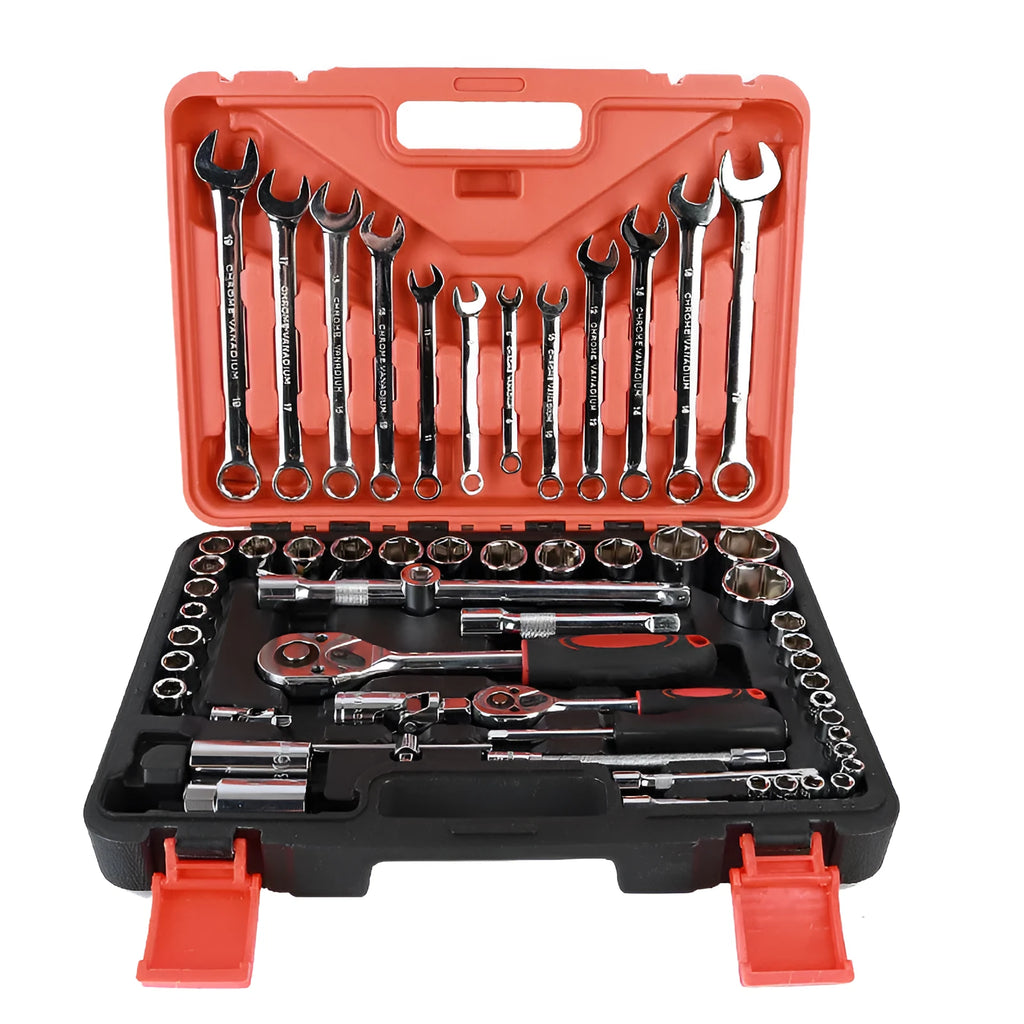 61-piece chrome vanadium socket wrench set with ratchets and metric sockets for auto repair.