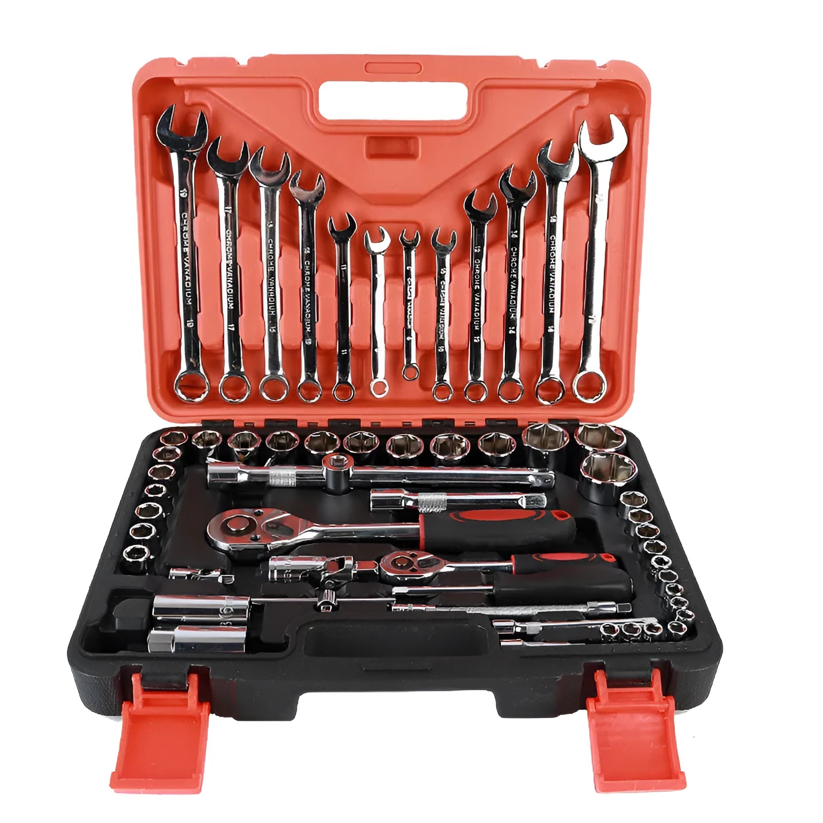 61-piece chrome vanadium socket wrench set with ratchets and metric sockets for auto repair.