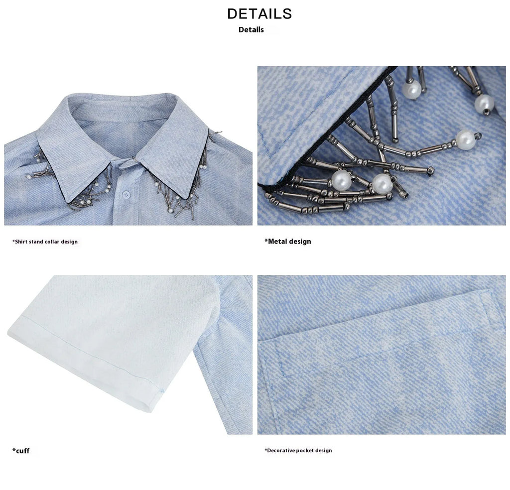 Men's blue and white gradient short sleeve shirt with quilted detail and loose fit style