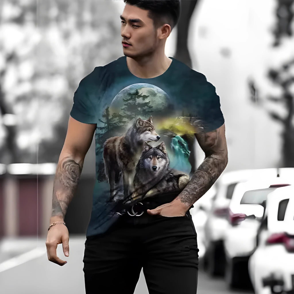 Men's grey short-sleeved T-shirt with a retro-style 3D digital print of a wild animal on the front.