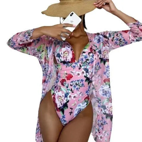 Women's floral pattern three-piece bikini swimsuit with matching coat in multiple colours
