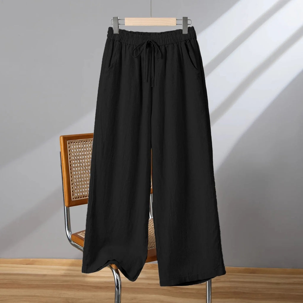Women's straight-leg casual trousers with elastic waist and front drawstring tie in four colour options