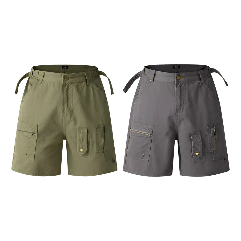 Retro workwear shorts in washed cotton fabric with half elastic waistband