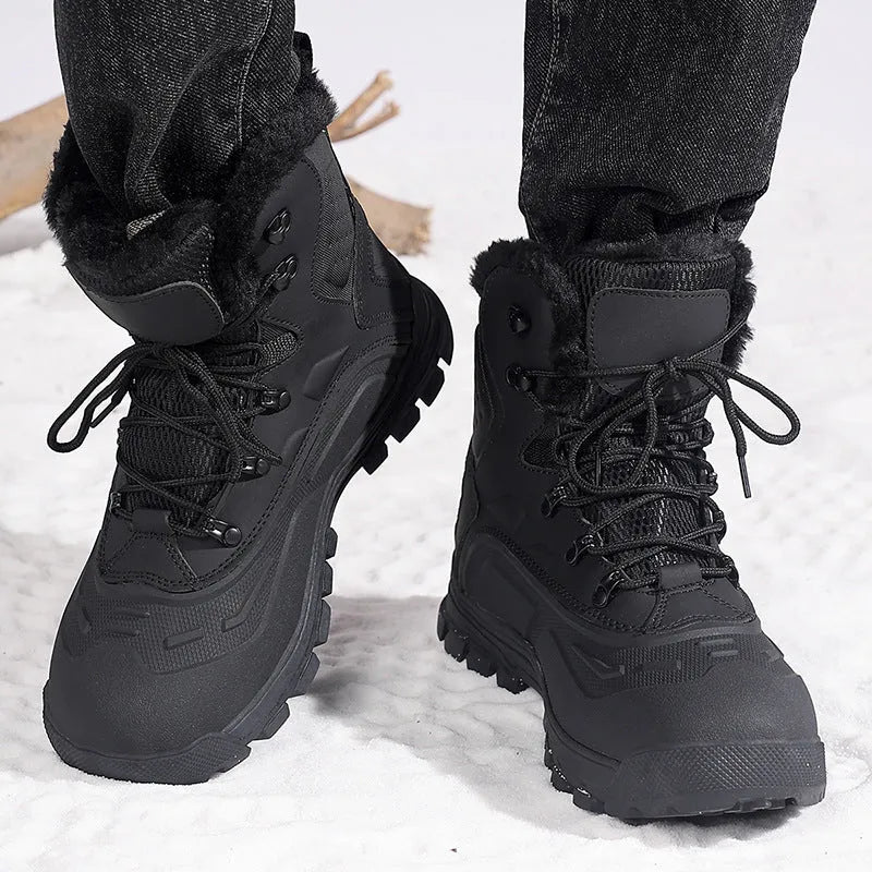 Men's black fleece-lined high-top lace-up work boots with a flat heel and ribbed sole.