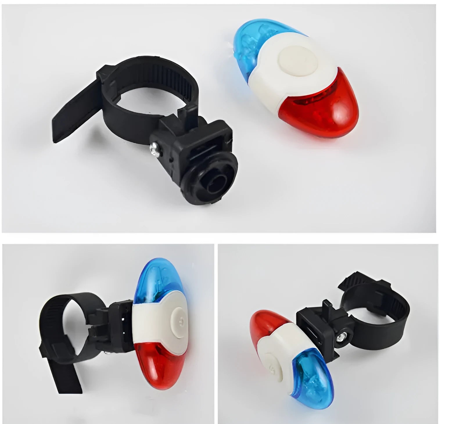 Red and blue dual-colour bicycle tail light with four LED beads on an adjustable mounting bracket.
