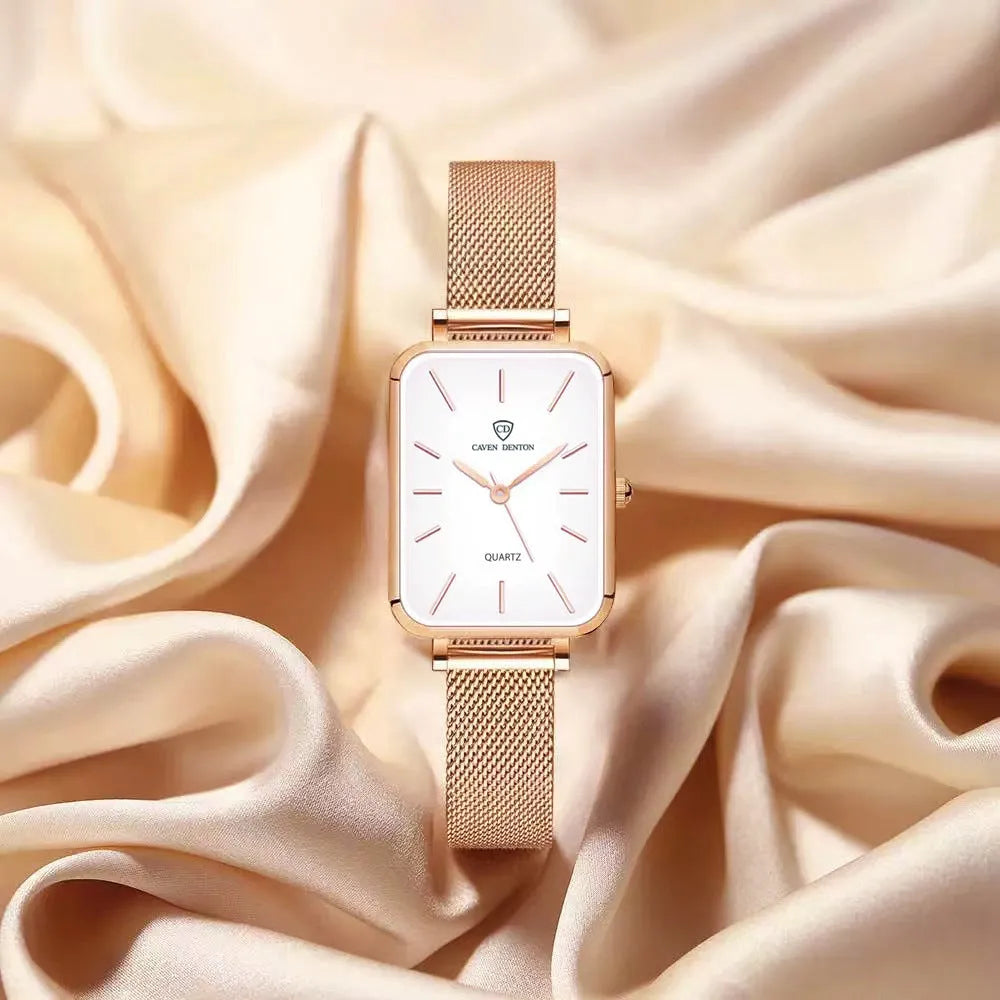 Women's waterproof quartz watch in rose gold or silver with woven steel strap and 34mm alloy case