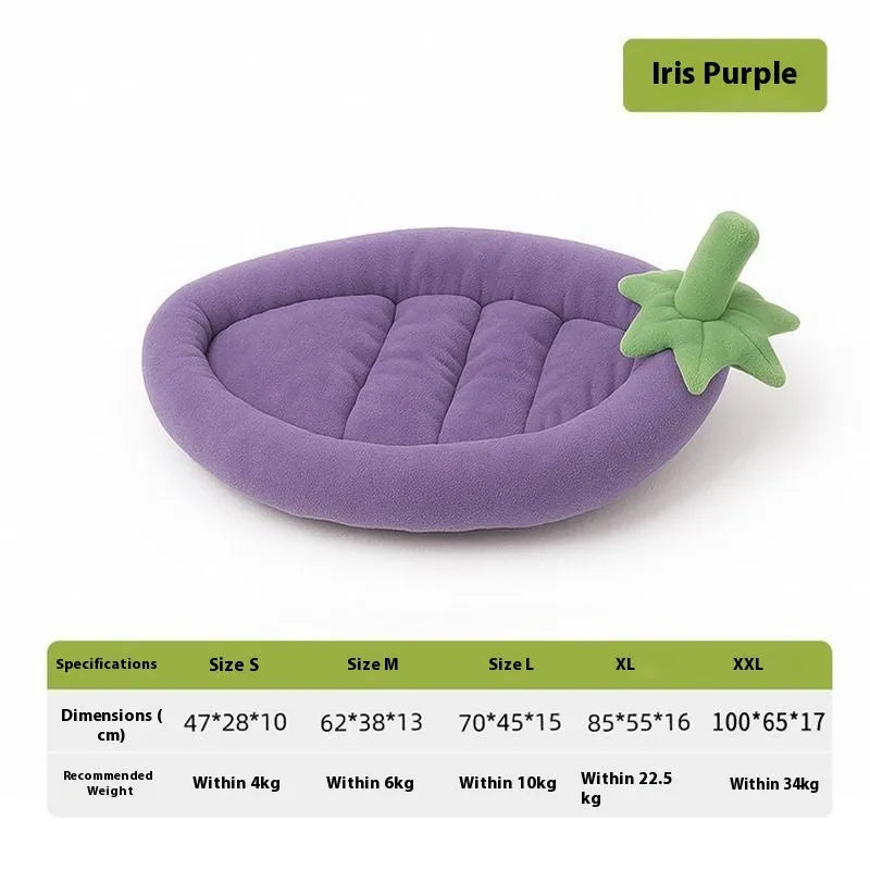 Removable washable cloth dog mat in brown grey orange purple colours showing S M L XL XXL sizes.