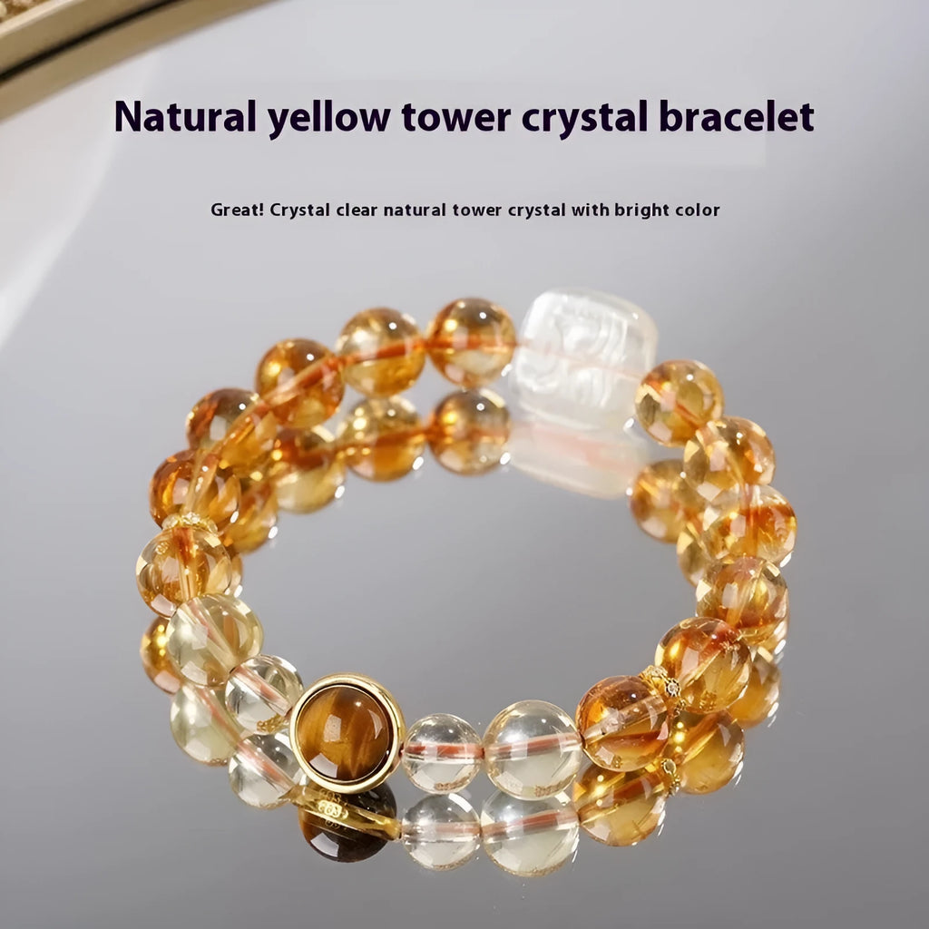 Women's carved citrine crystal bracelet with 10mm geometry beads in national style