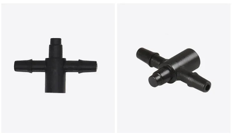 White PE plastic tee joint water distributor for irrigation systems with one inlet and two outlet ports.
