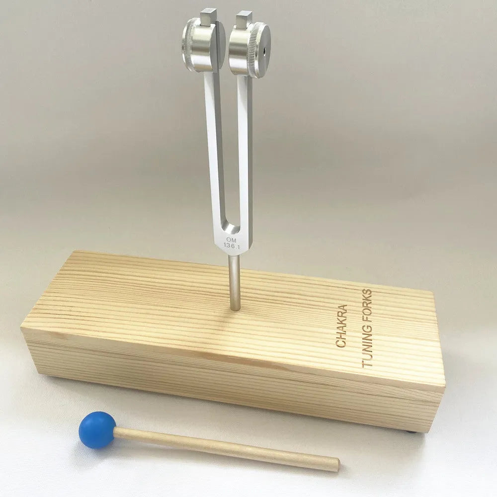 Aluminium alloy 432Hz tuning fork and speaker set for sound therapy in a kraft paper box.