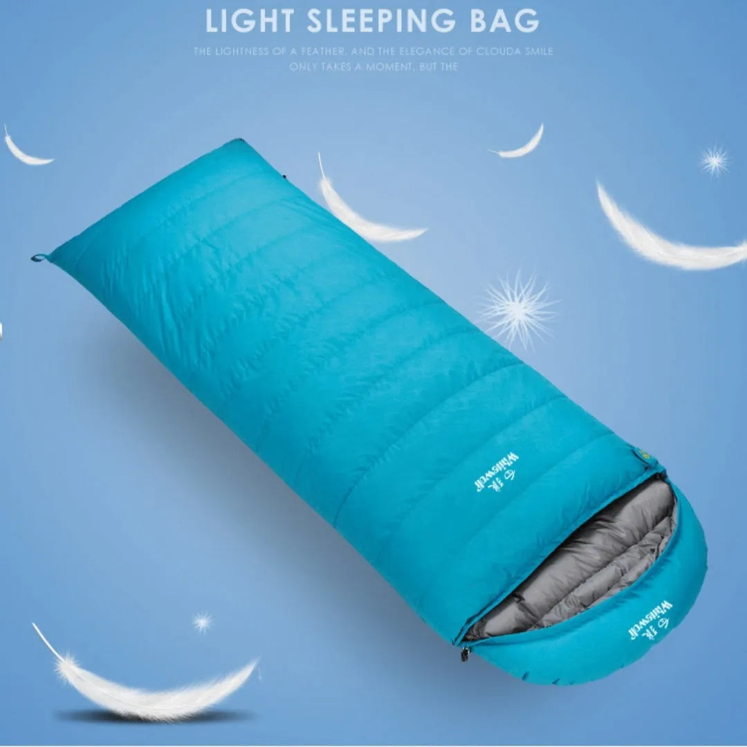 Black adult down sleeping bag with white goose down filling and tear-resistant nylon construction