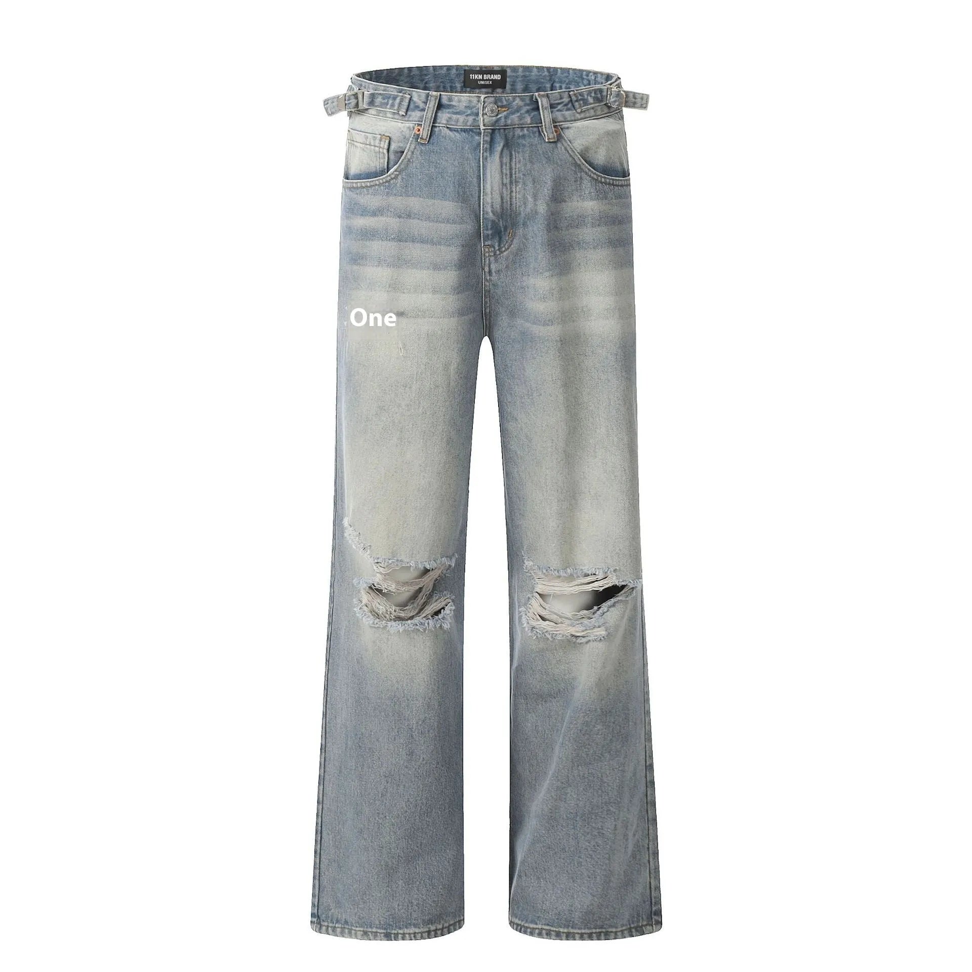 Blue men's straight-leg jeans with vintage rip detailing and zipper fly closure