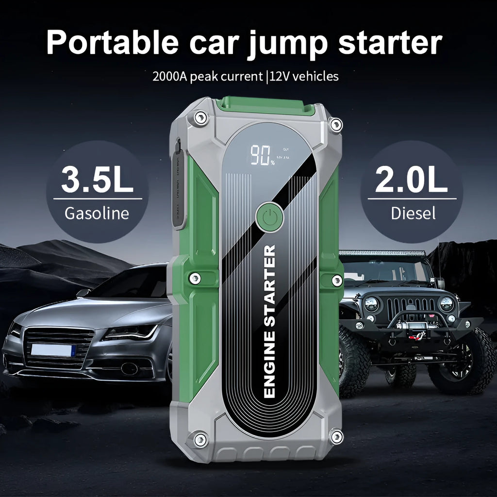 Q1 portable car jump starter with digital display and ordinary clip jumper in storage bag