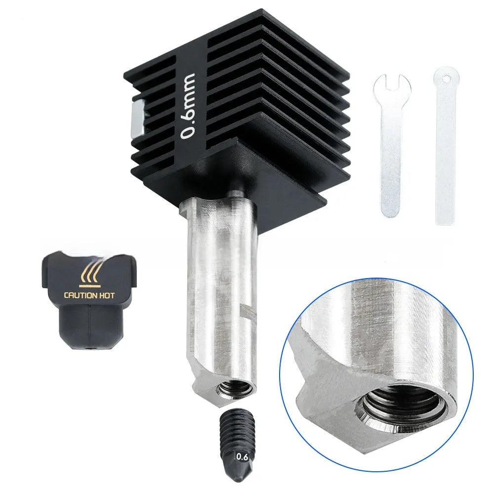 Bambu Lab A1 Mini hardened steel hot end assembly with four nozzle sizes and black silicone sleeve