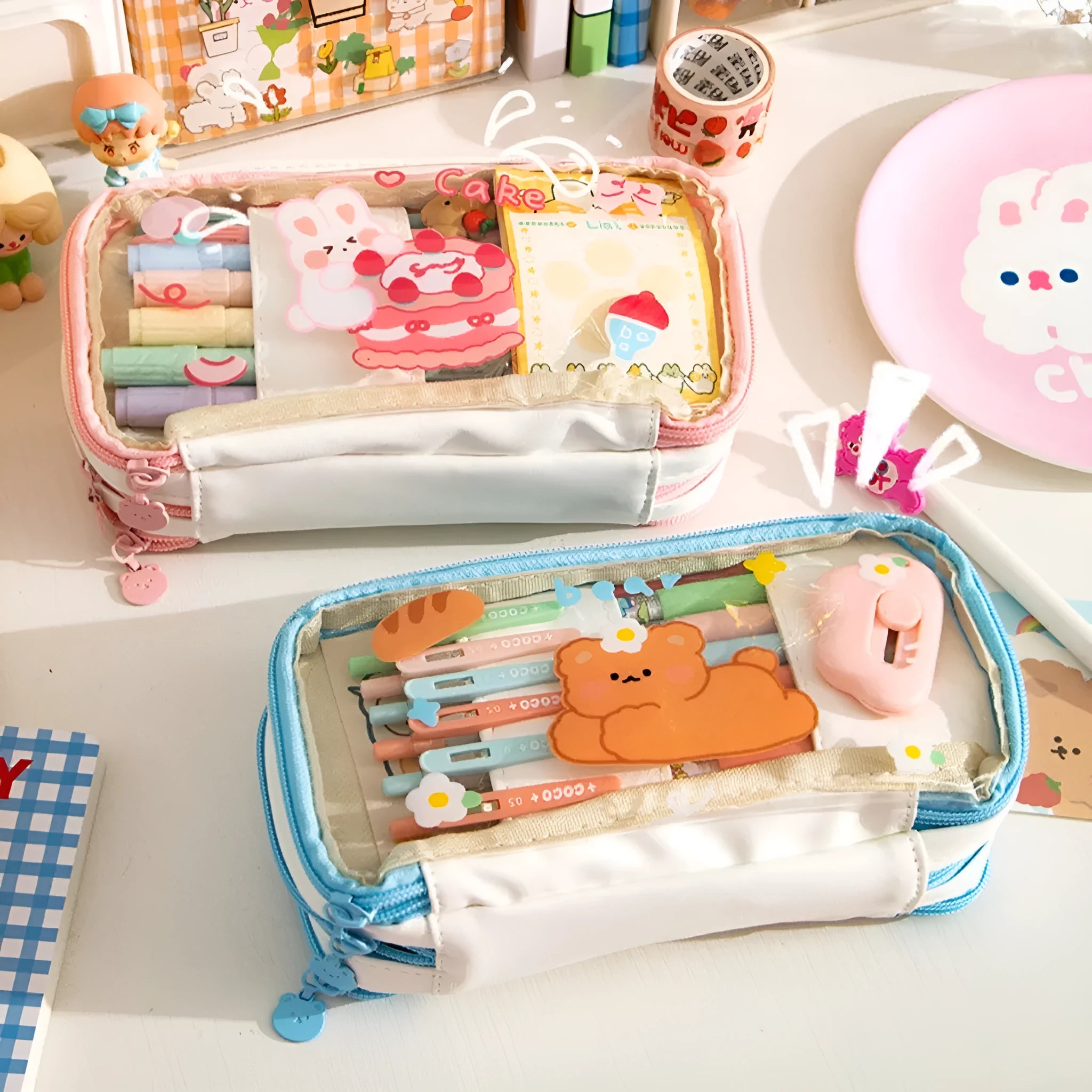 Japanese transparent pen bag with rabbit heart patterns in pink or red Korean style design