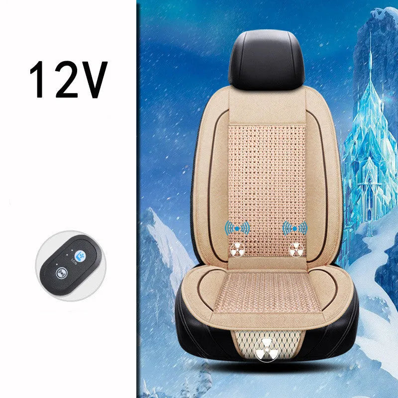 Square black car ventilation seat cushion with power cord on a car seat